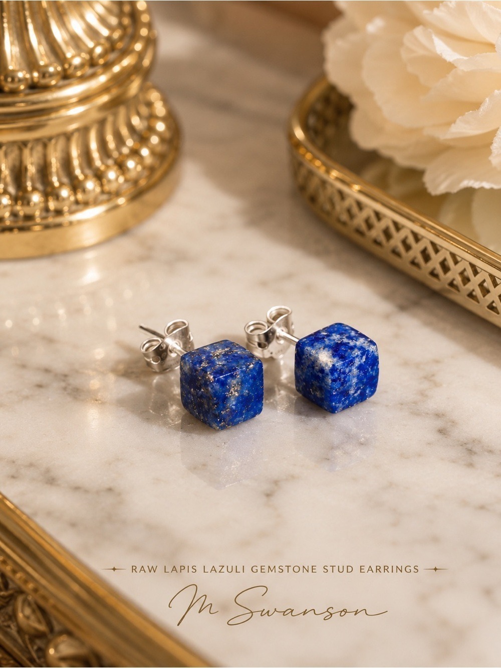 NEW Raw Lapis Lazuli Gemstone Stud Earrings Sterling Silver Handmade USA NIB